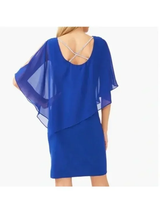 MSK Chiffon Sheath Rhinestone Trim Dress Womens M Royal Blue Asymmetric Cape - Picture 2 of 12